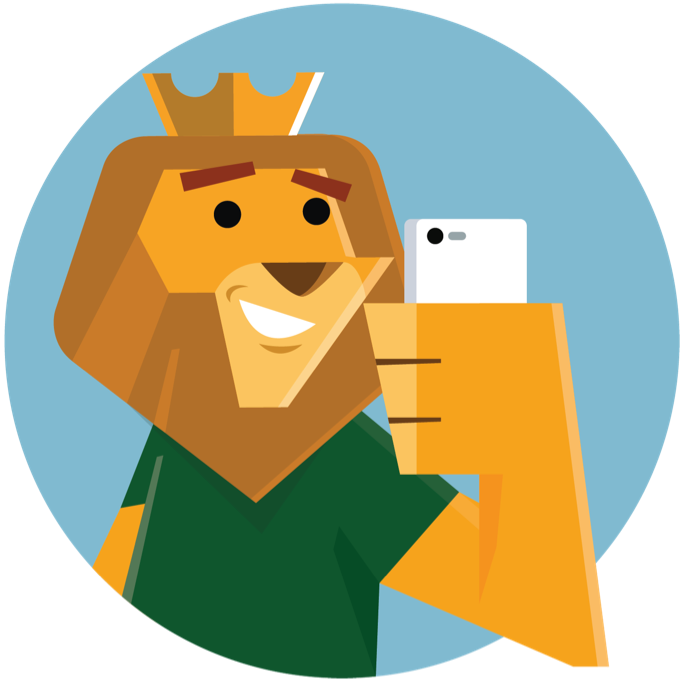 The Big 5 Games lion holding a phone